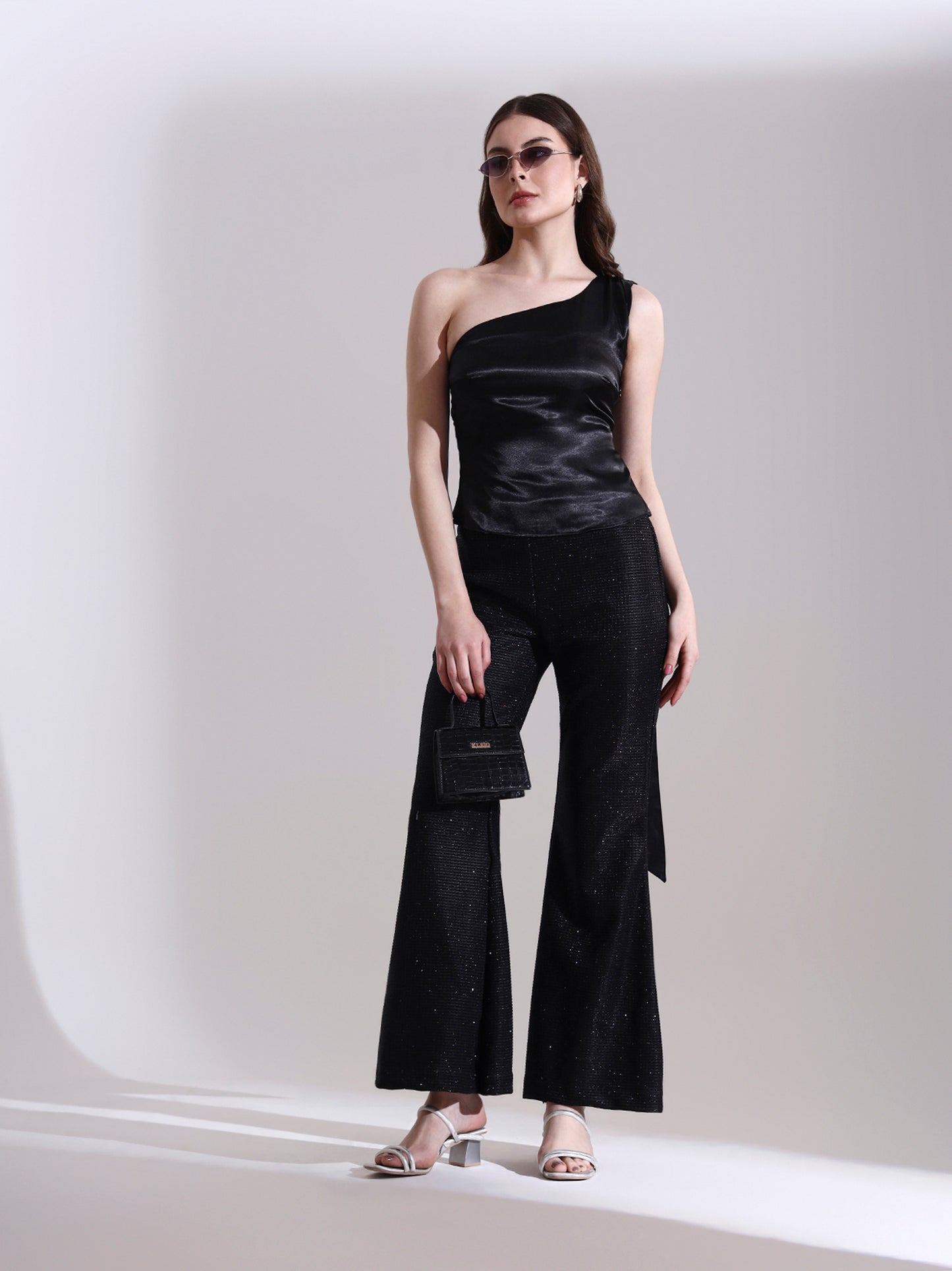 Moonlit Satin Asymmetric Top with Shimmer Pants