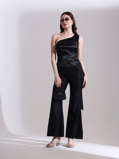Moonlit Satin Asymmetric Top with Shimmer Pants