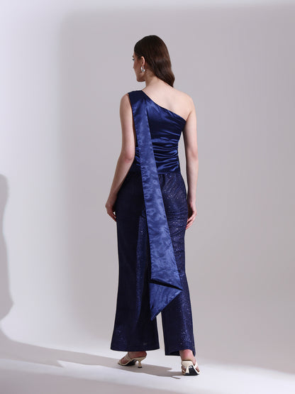 Midnight Satin Asymmetric Top with Shimmer Pants