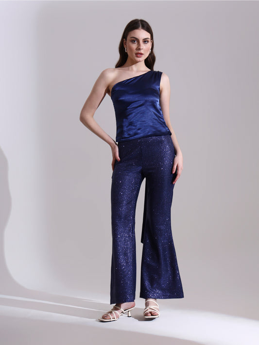Midnight Satin Asymmetric Top with Shimmer Pants