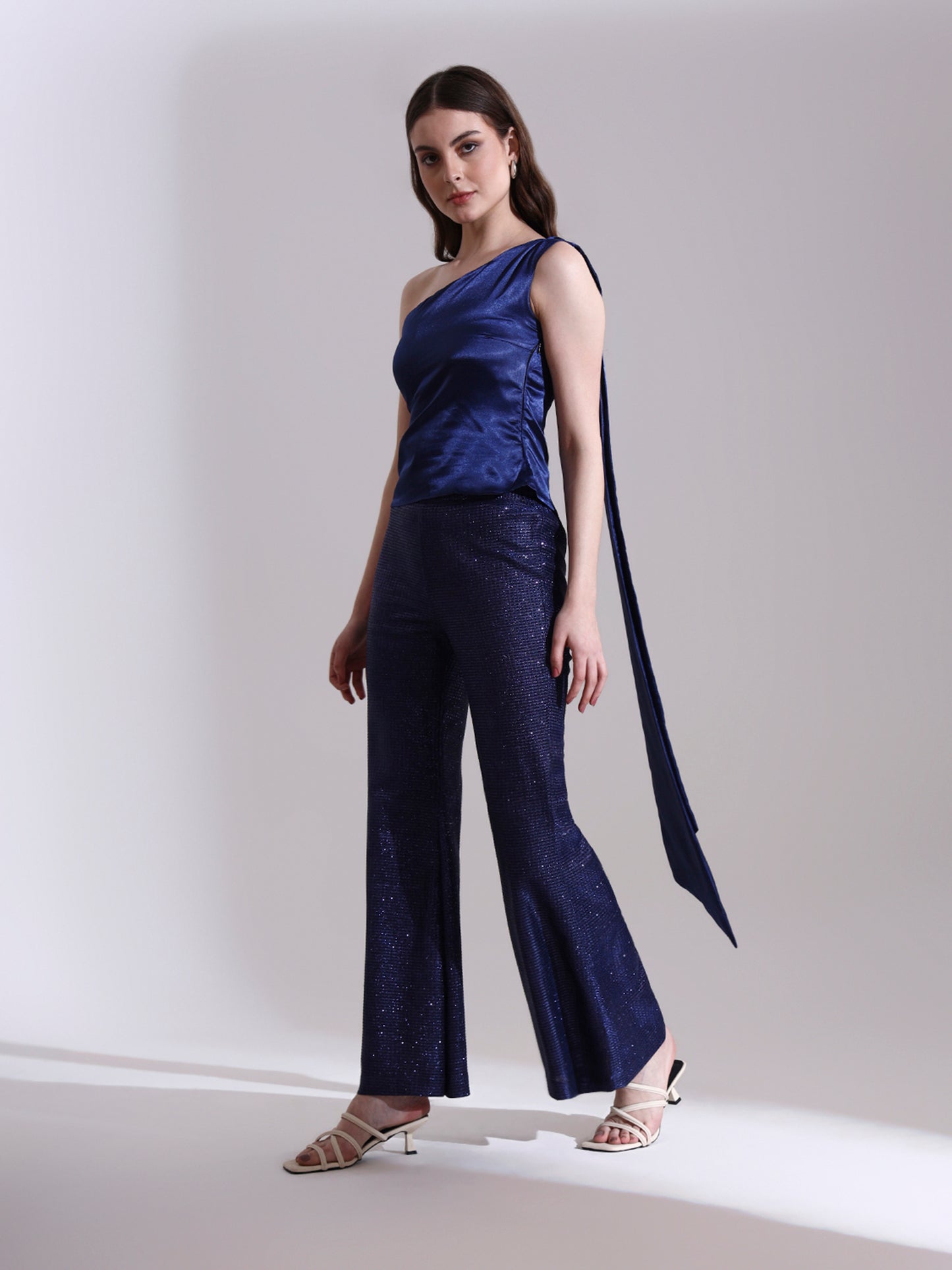 Midnight Satin Asymmetric Top with Shimmer Pants