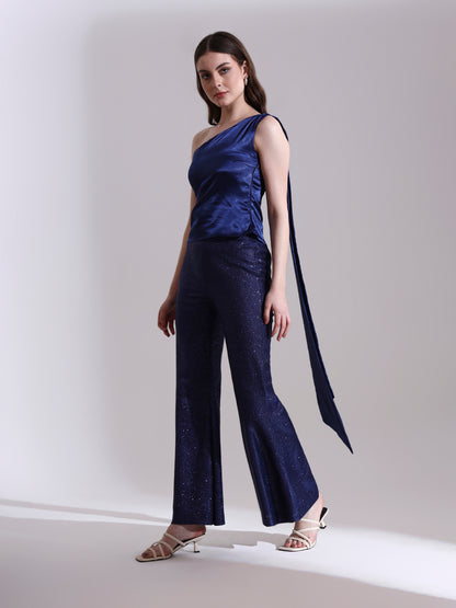 Midnight Satin Asymmetric Top with Shimmer Pants