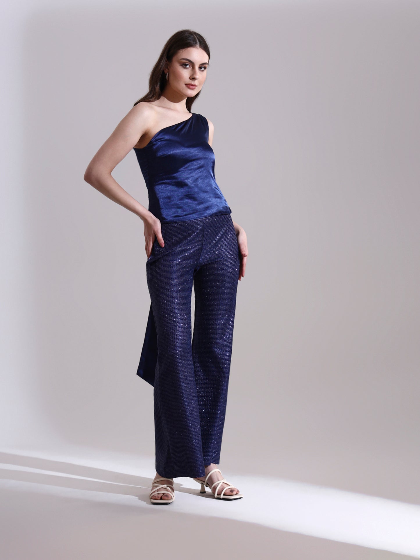 Midnight Satin Asymmetric Top with Shimmer Pants