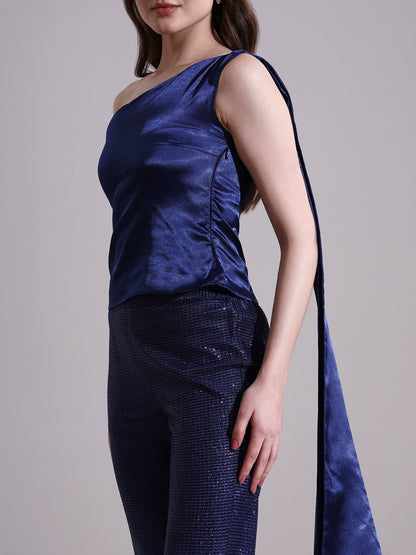Midnight Satin Asymmetric Top with Shimmer Pants