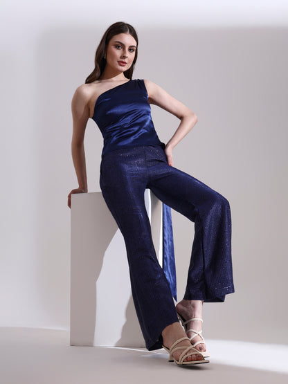 Midnight Satin Asymmetric Top with Shimmer Pants