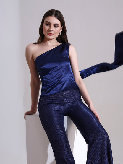 Midnight Satin Asymmetric Top with Shimmer Pants