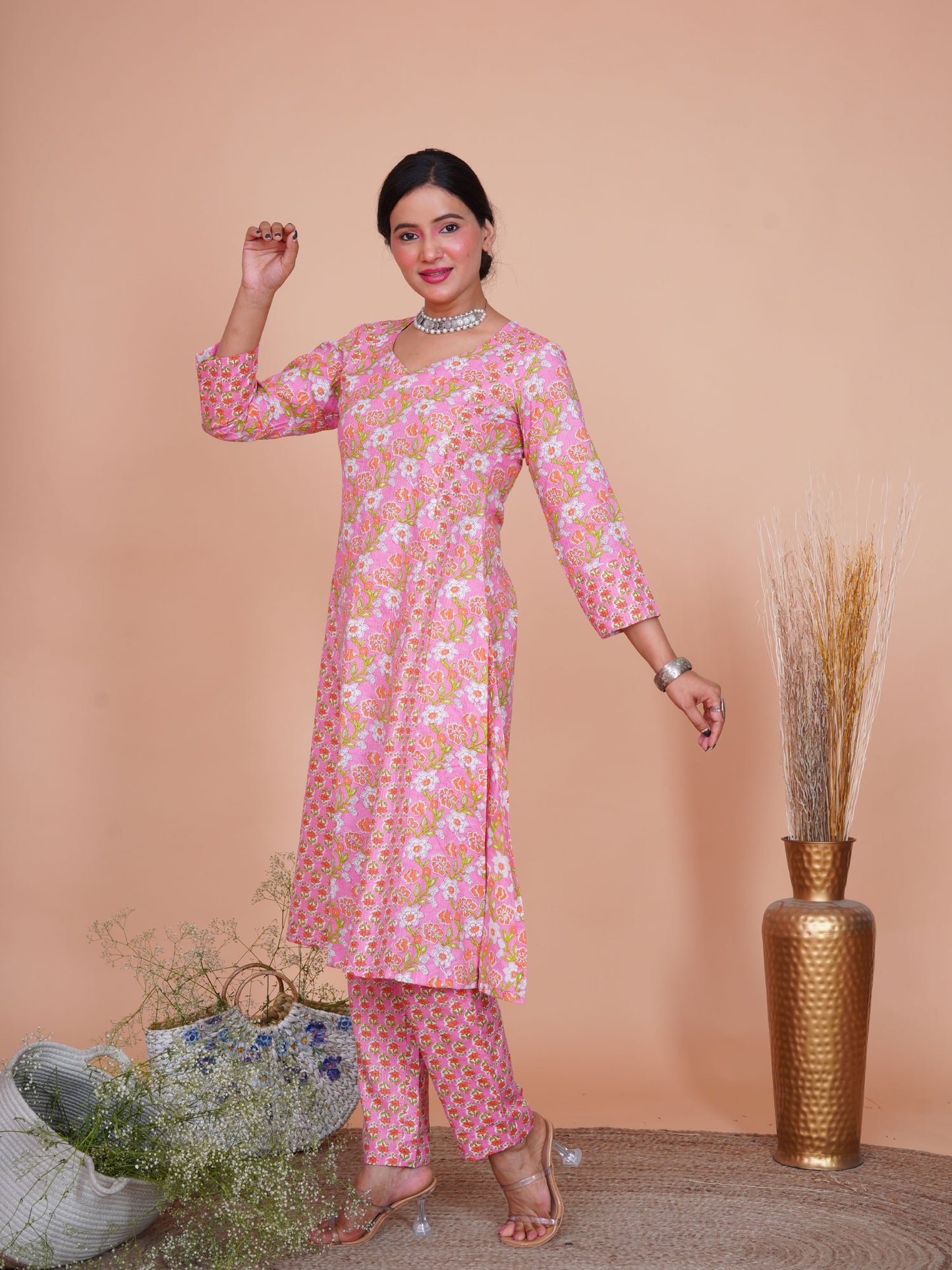 Kantha Embroidered Pink Floral A-Line Kurta