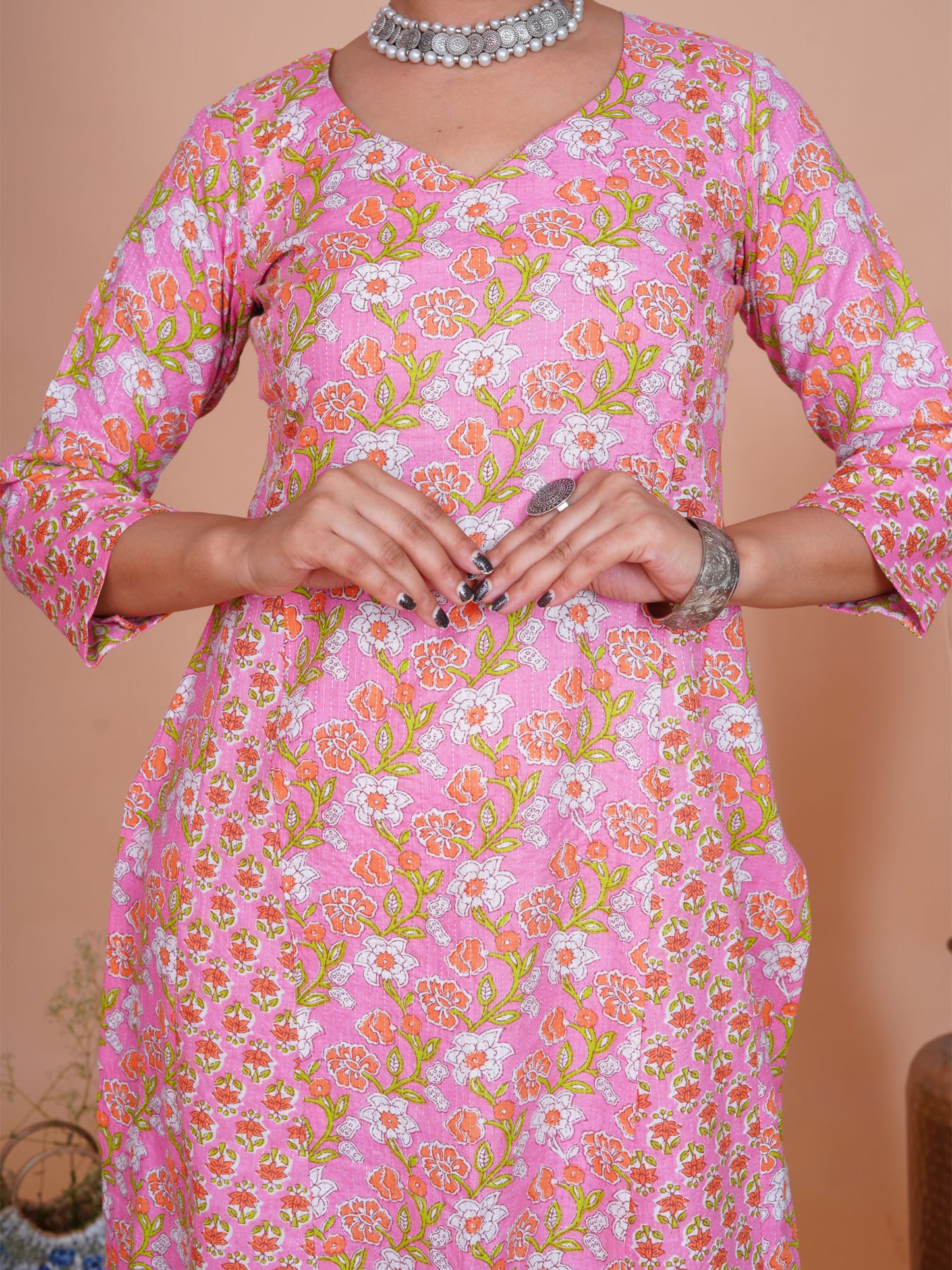 Kantha Embroidered Pink Floral A-Line Kurta