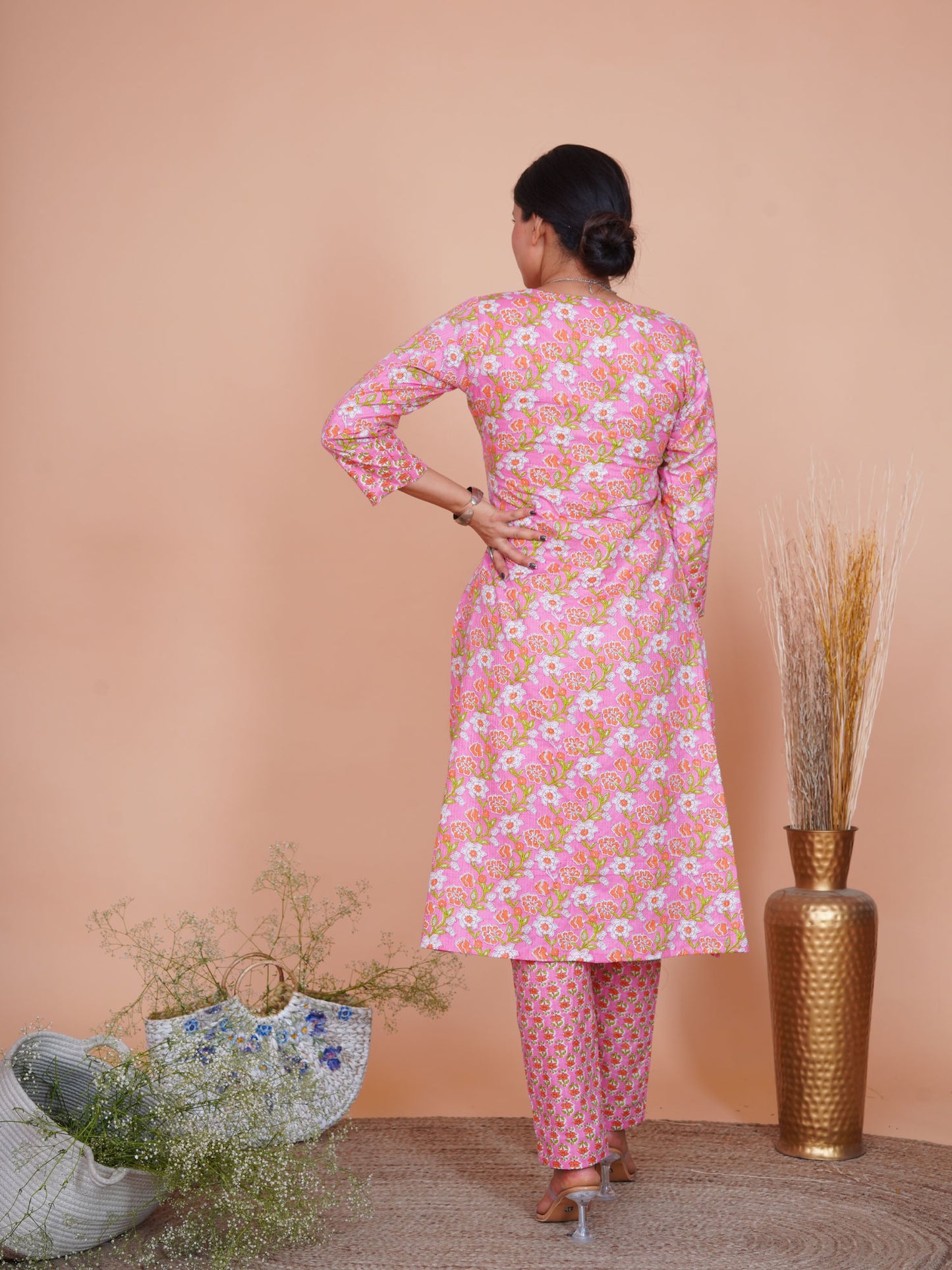 Kantha Embroidered Pink Floral A-Line Kurta