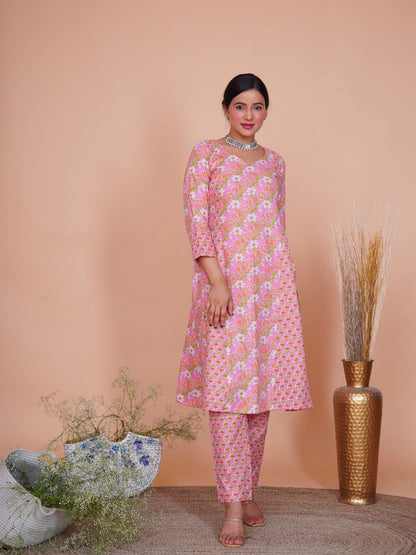 Kantha Embroidered Pink Floral A-Line Kurta