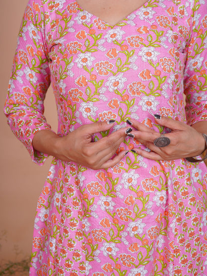 Kantha Embroidered Pink Floral A-Line Kurta