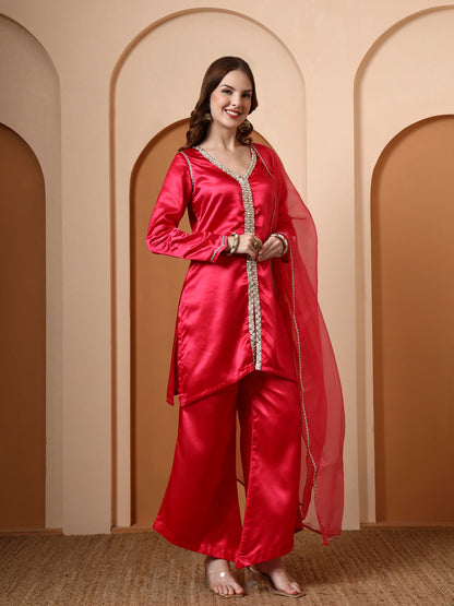 Hot Pink Embellished Kurta and Asymmetric Palazzo set