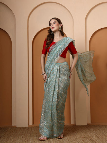 Ice Blue Embroidered Silk Saree