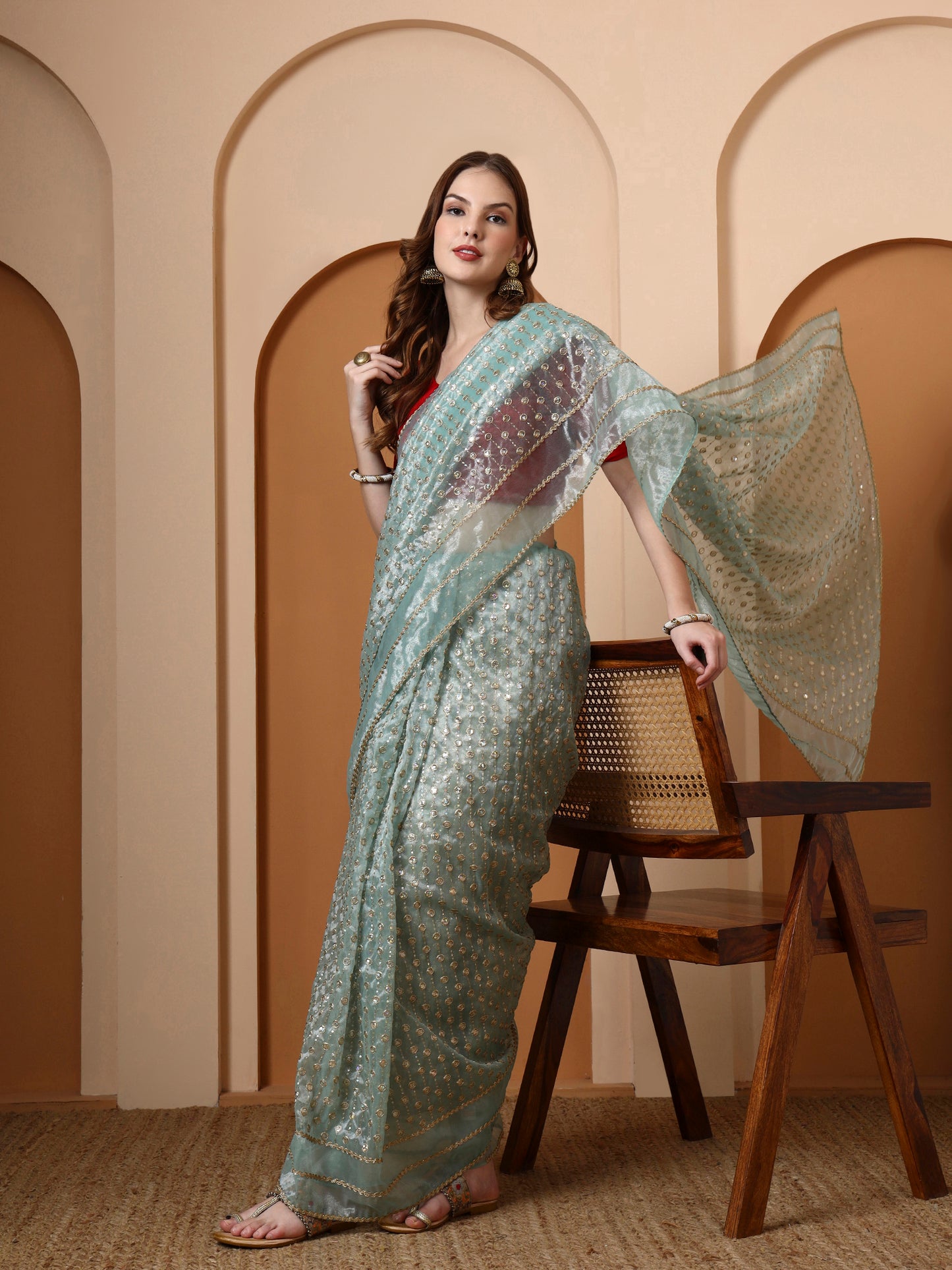 Ice Blue Embroidered Silk Saree
