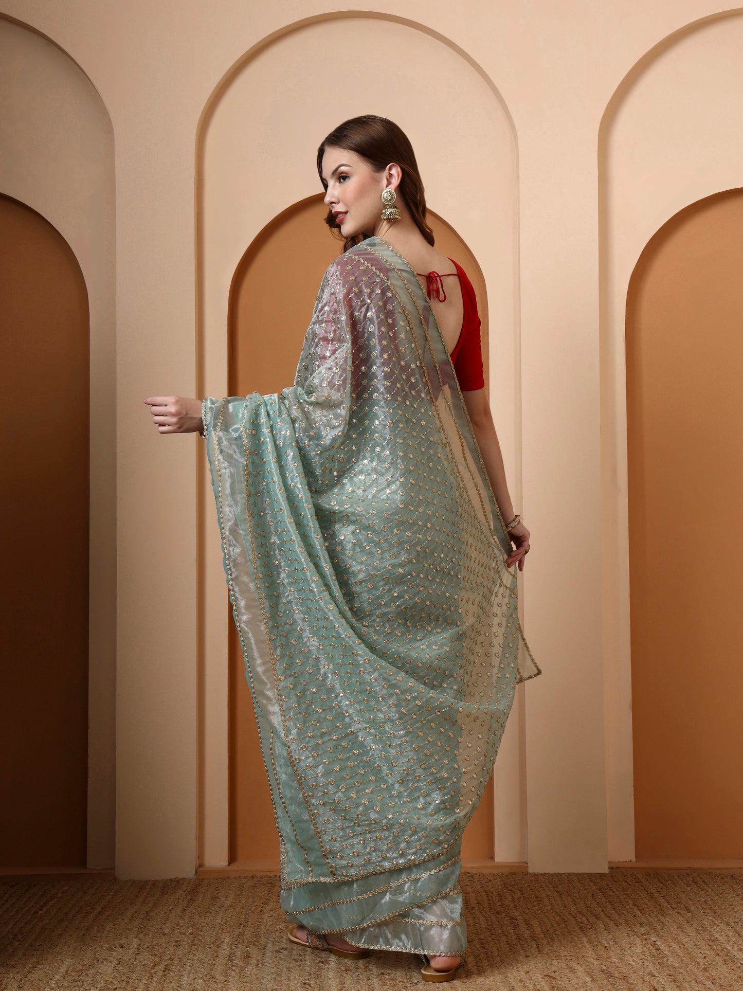 Ice Blue Embroidered Silk Saree