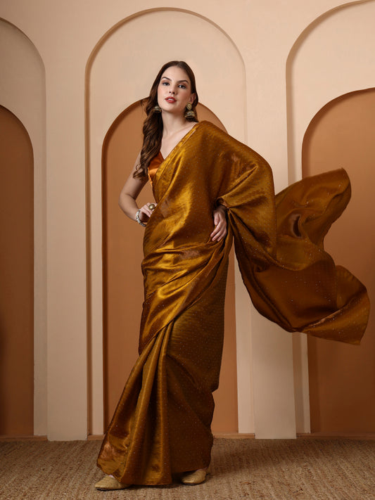 Mustard Rhinestone Silk Saree