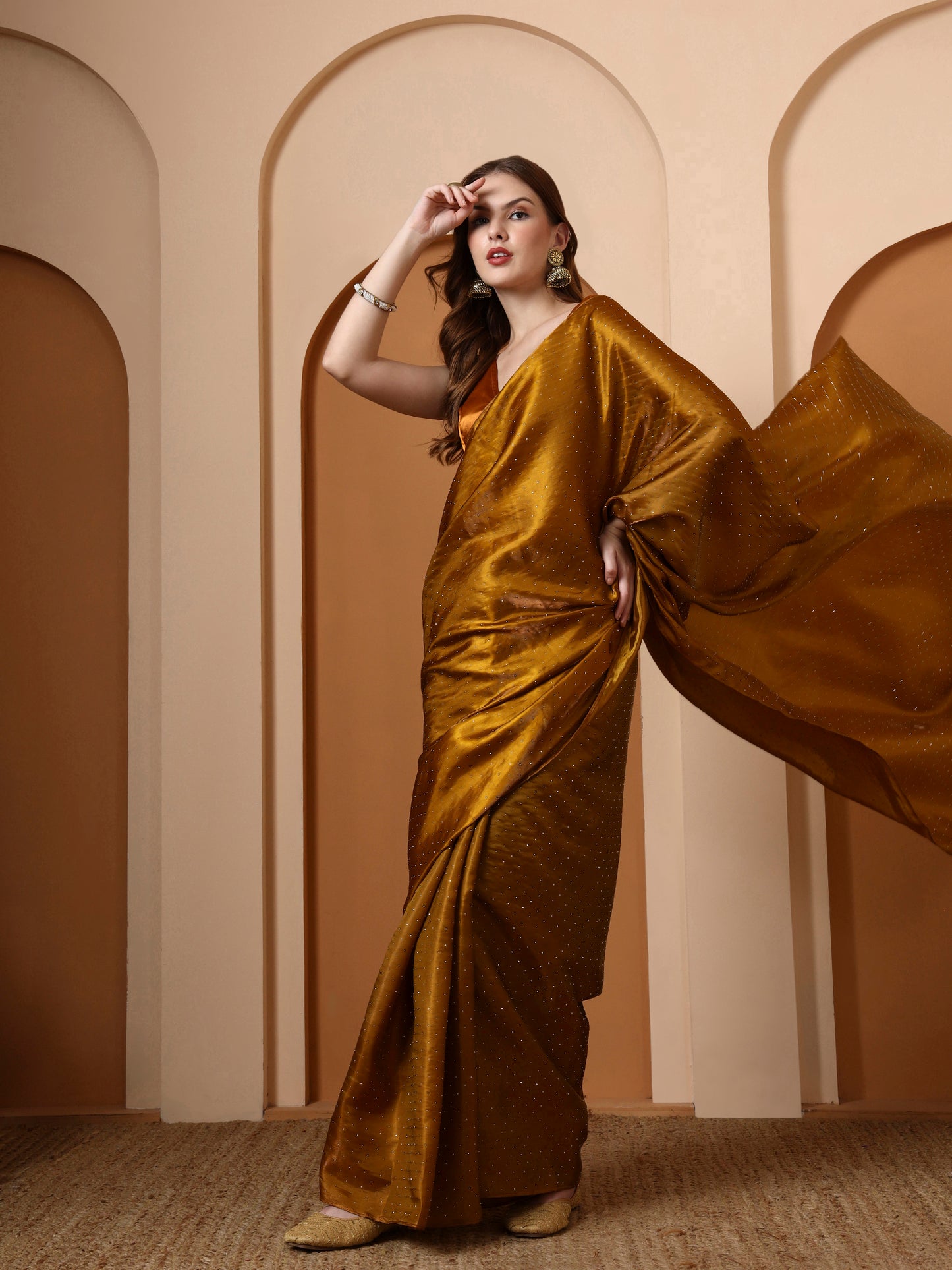 Mustard Rhinestone Silk Saree