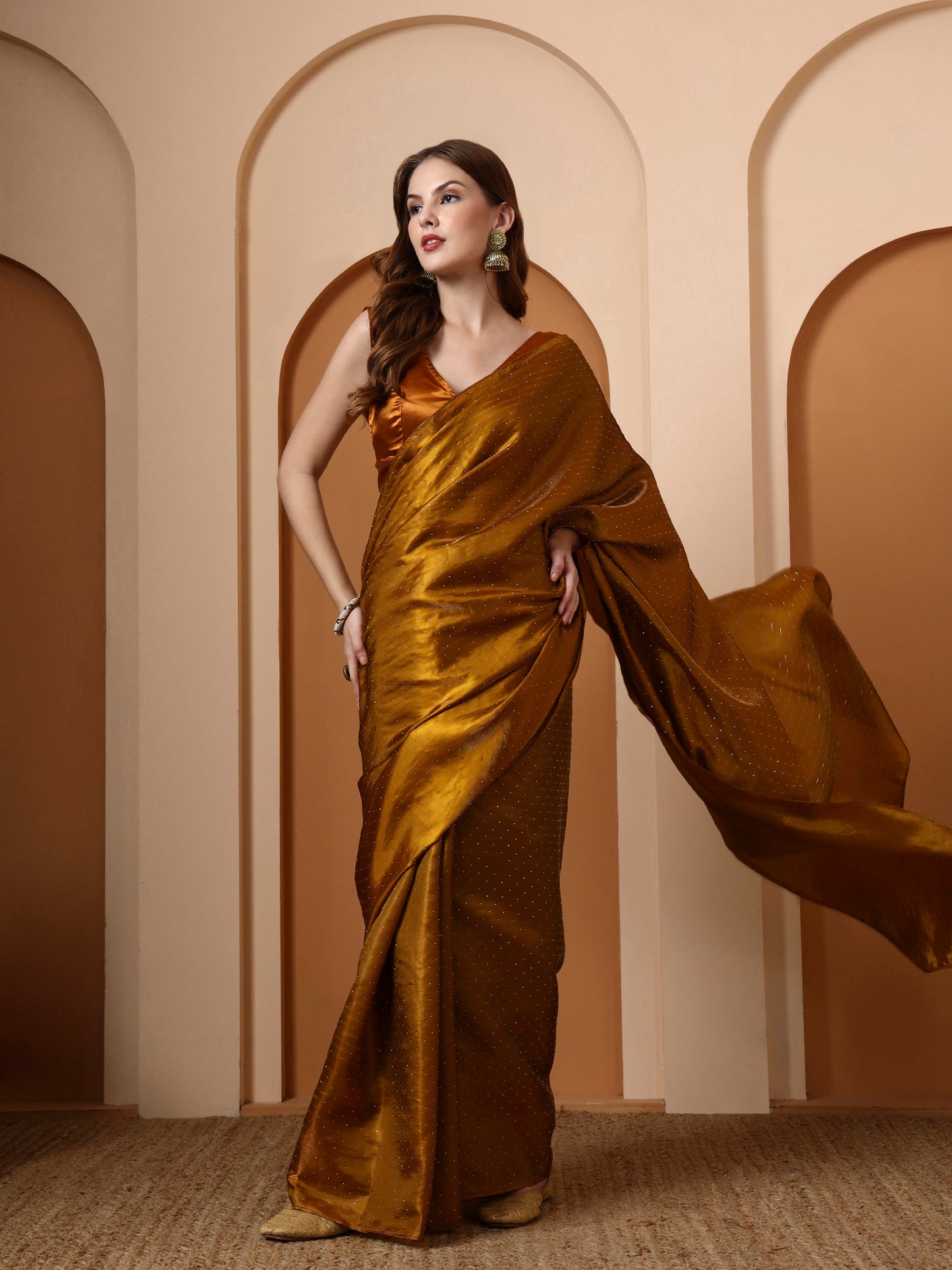 Mustard Rhinestone Silk Saree