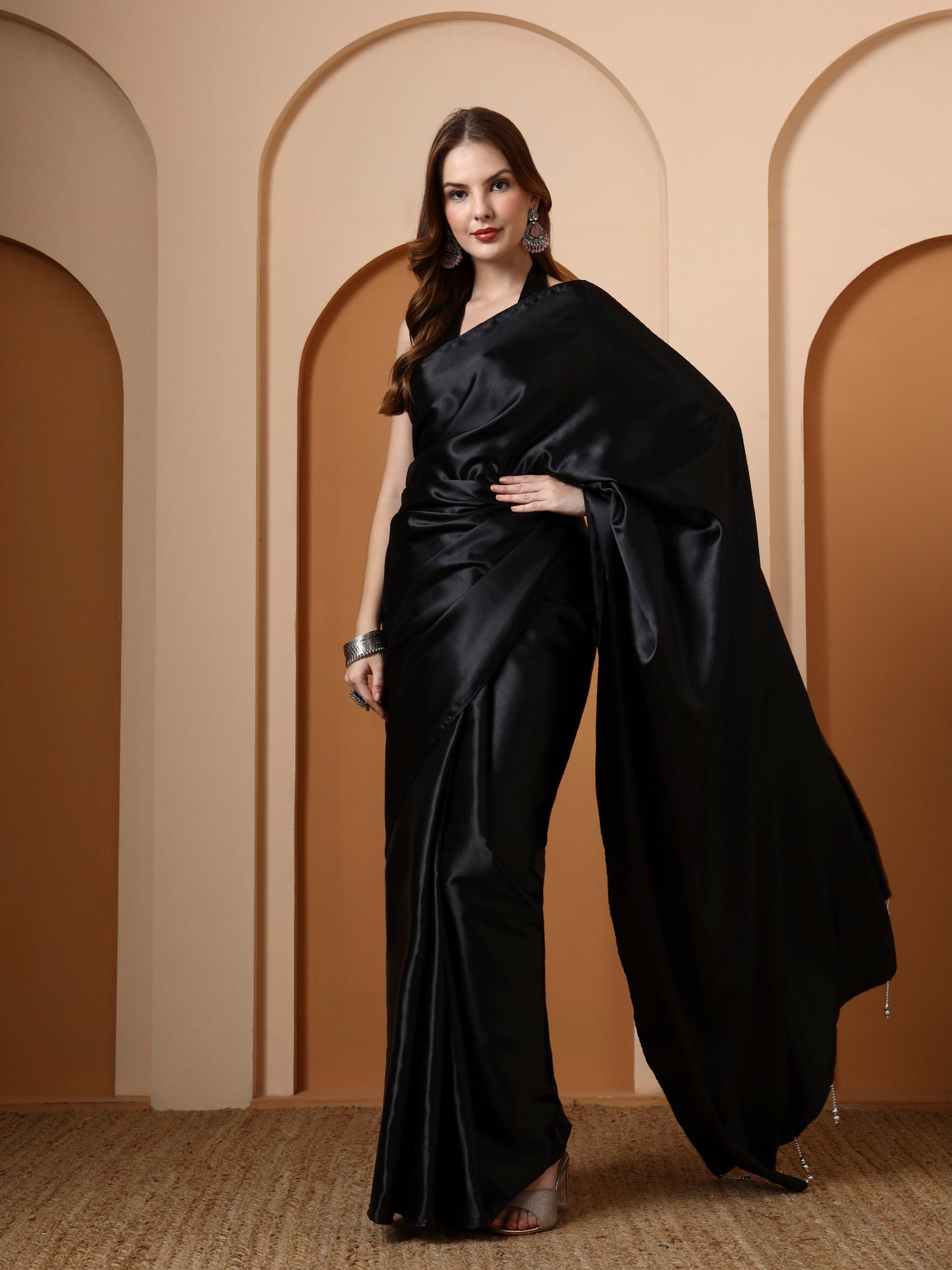 Black Embellished Satin Saree