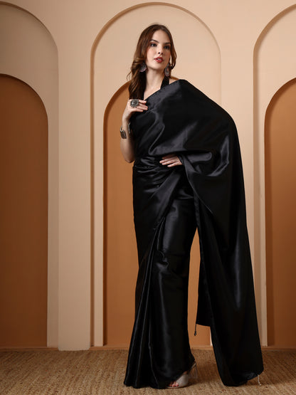 Black Embellished Satin Saree