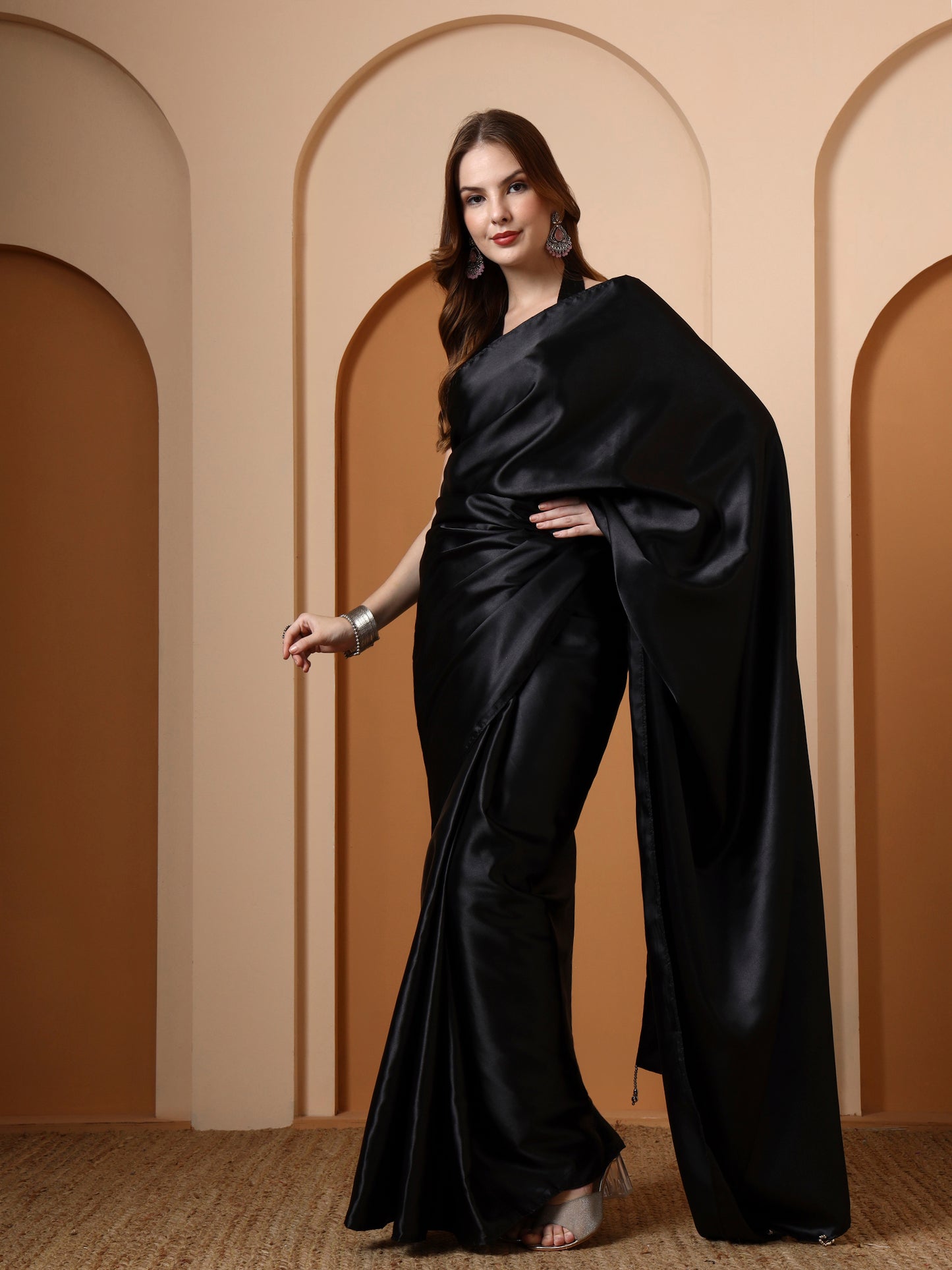 Black Embellished Satin Saree