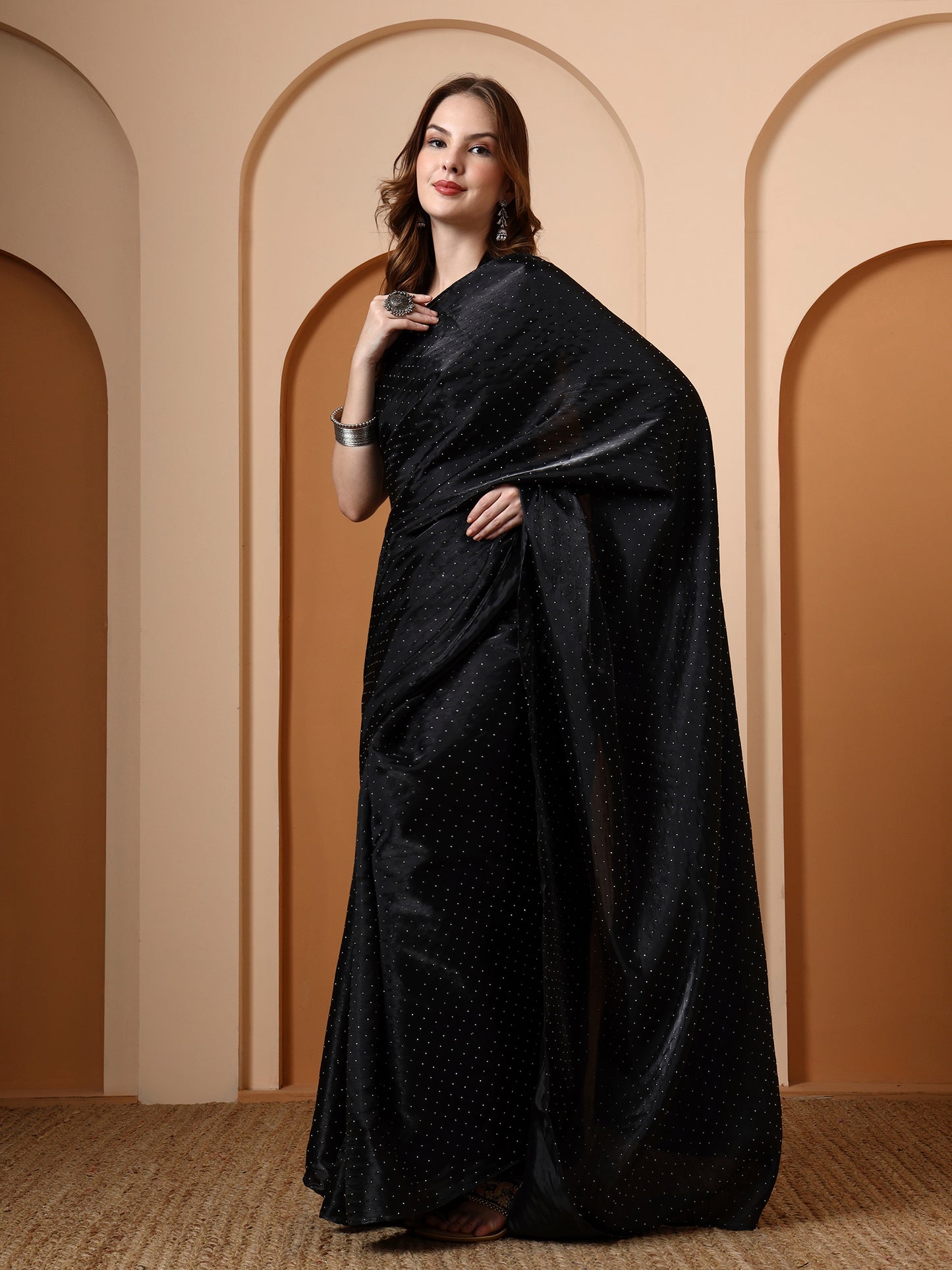 Black Rhinestone Silk Saree