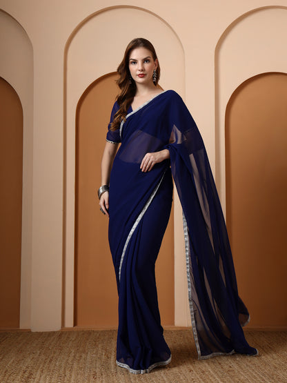 Blue Georgette Embellished Classic Saree