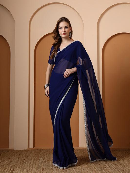 Blue Georgette Embellished Classic Saree