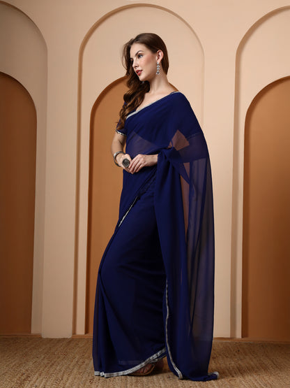 Blue Georgette Embellished Classic Saree