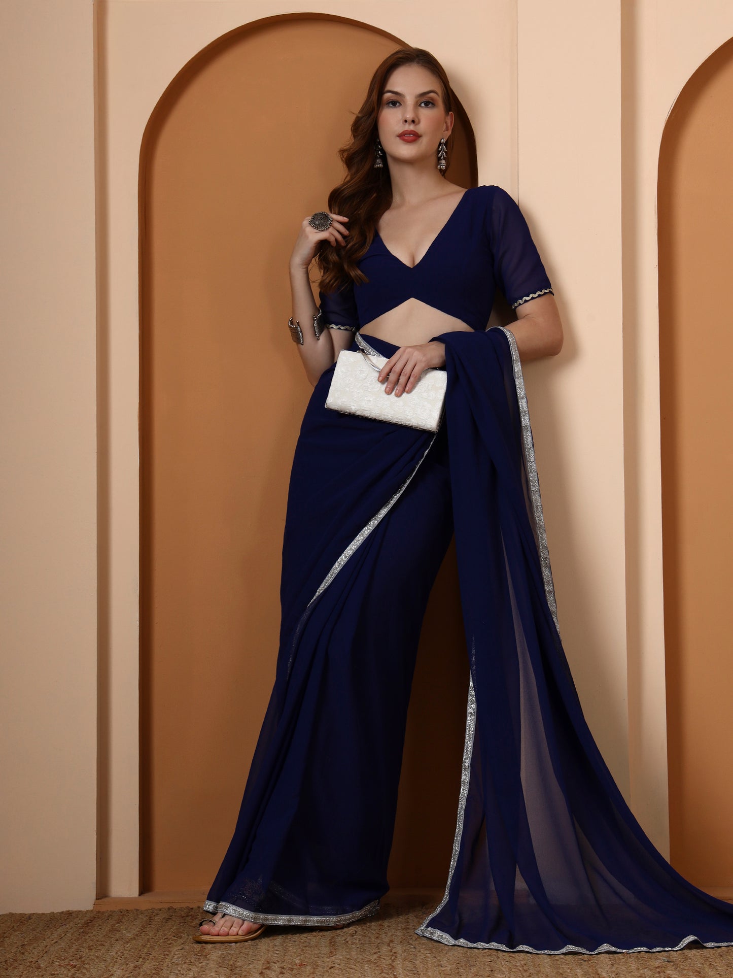 Blue Georgette Embellished Classic Saree