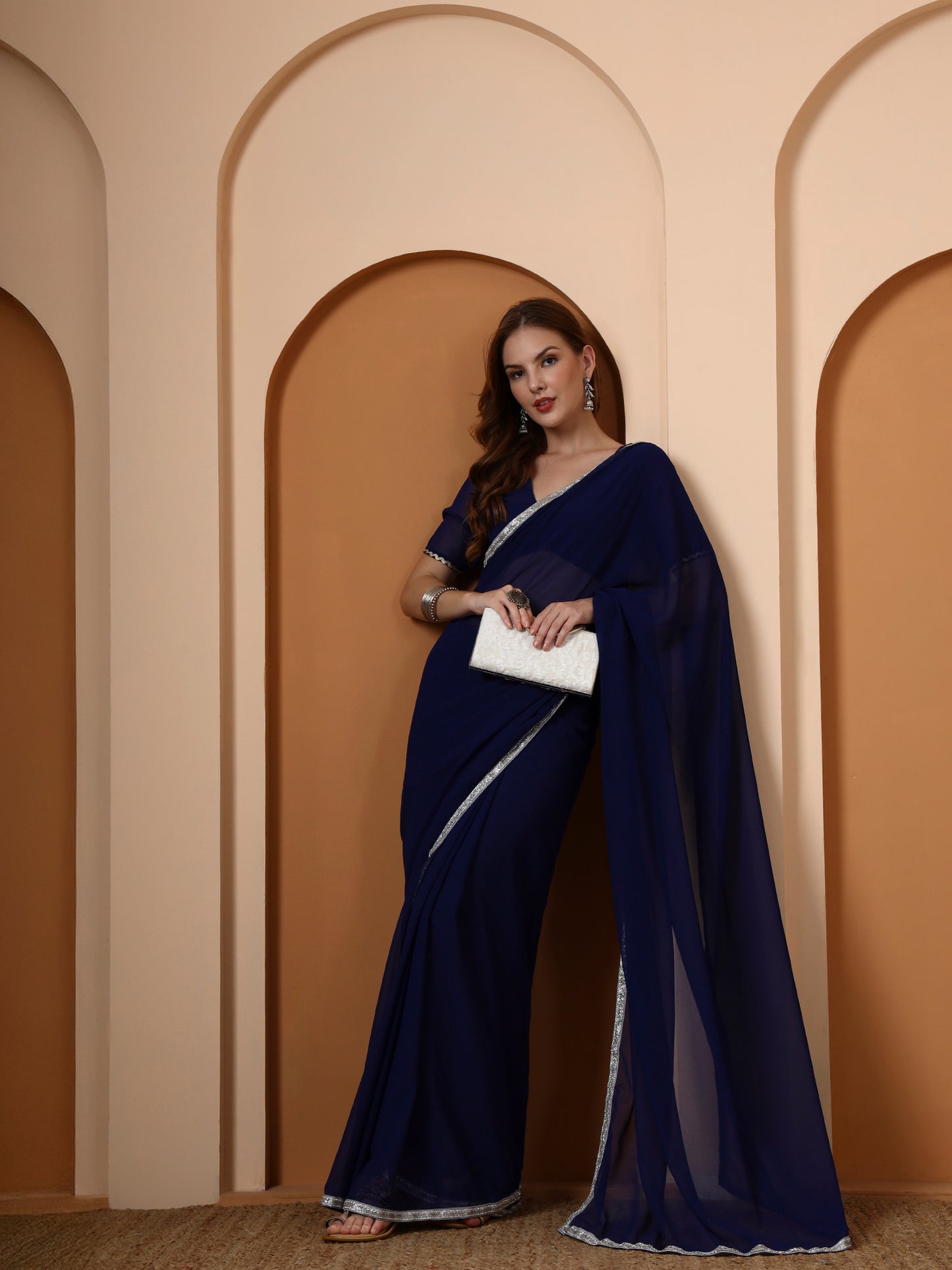 Blue Georgette Embellished Classic Saree