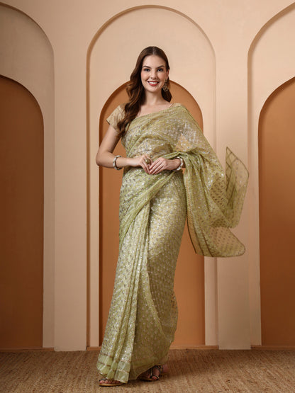 Pista Embroidered Silk Saree