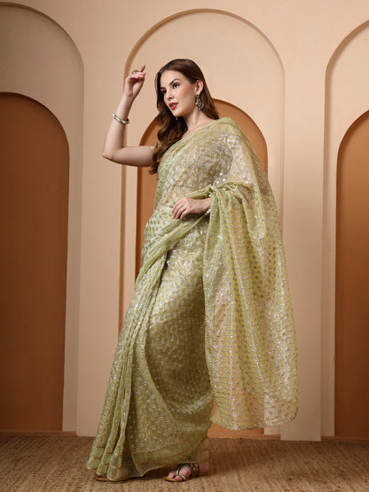 Pista Embroidered Silk Saree