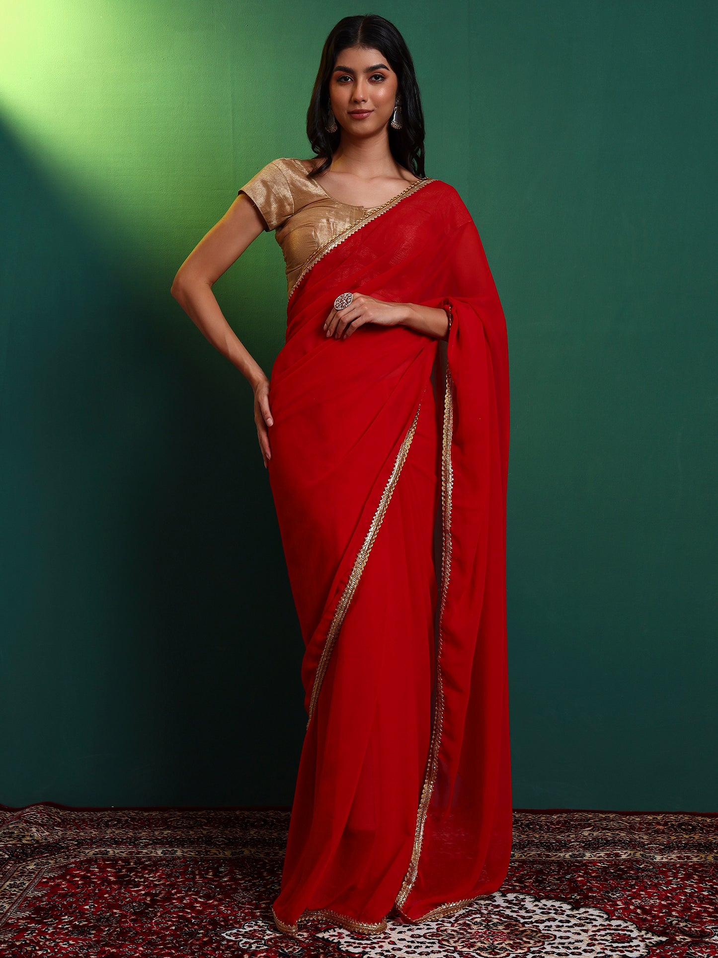 Red Georgette Embellished Classic Saree