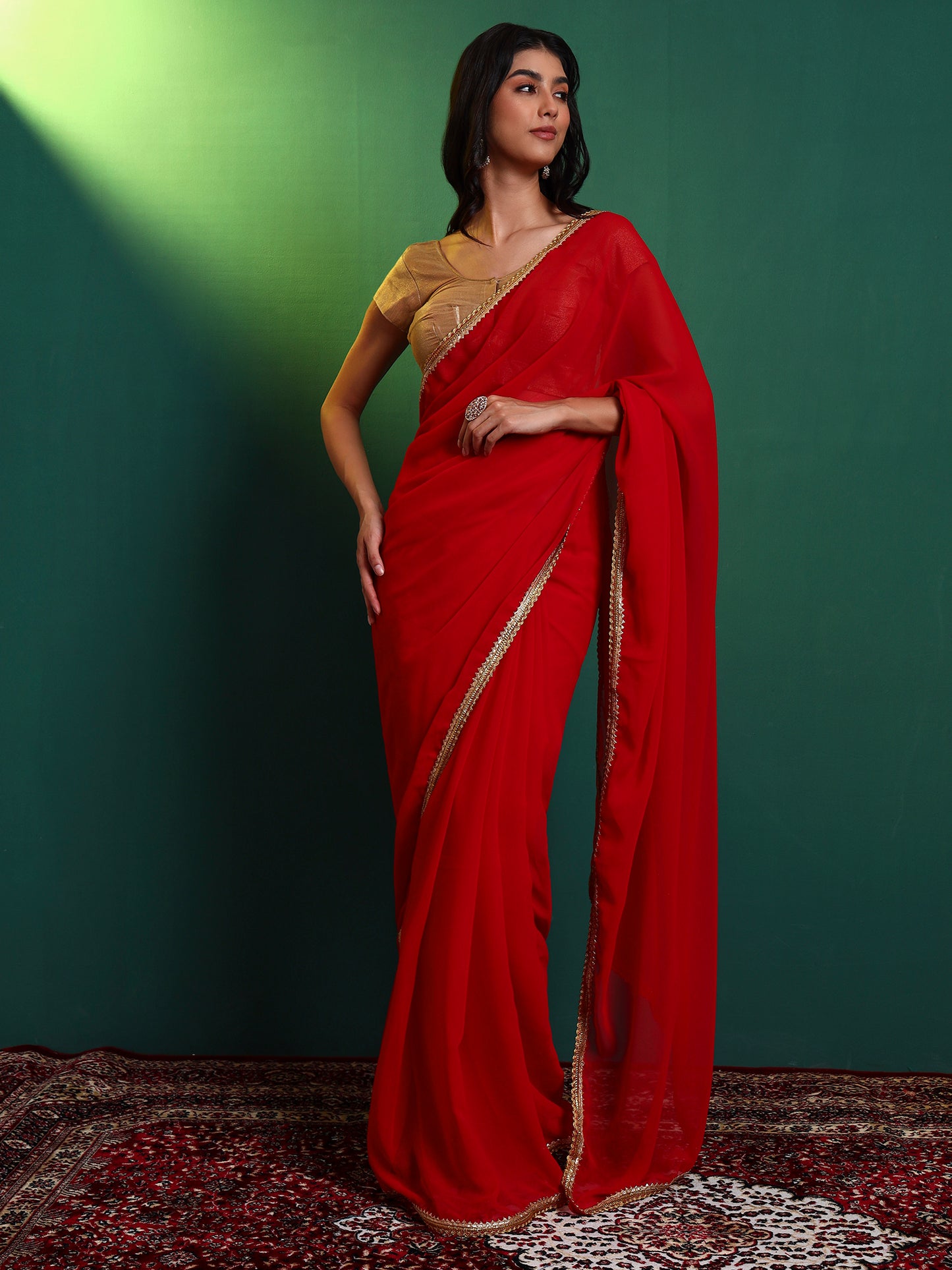 Red Georgette Embellished Classic Saree