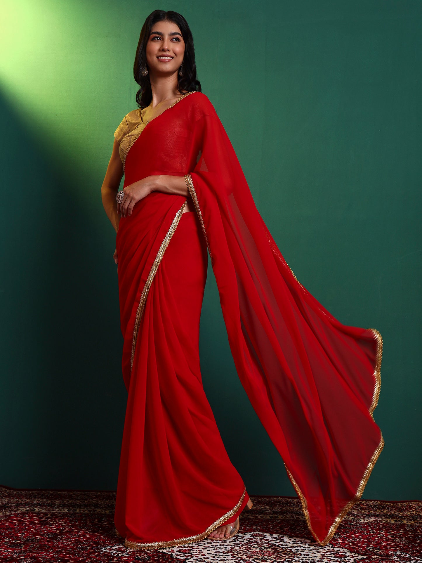 Red Georgette Embellished Classic Saree