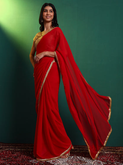 Red Georgette Embellished Classic Saree