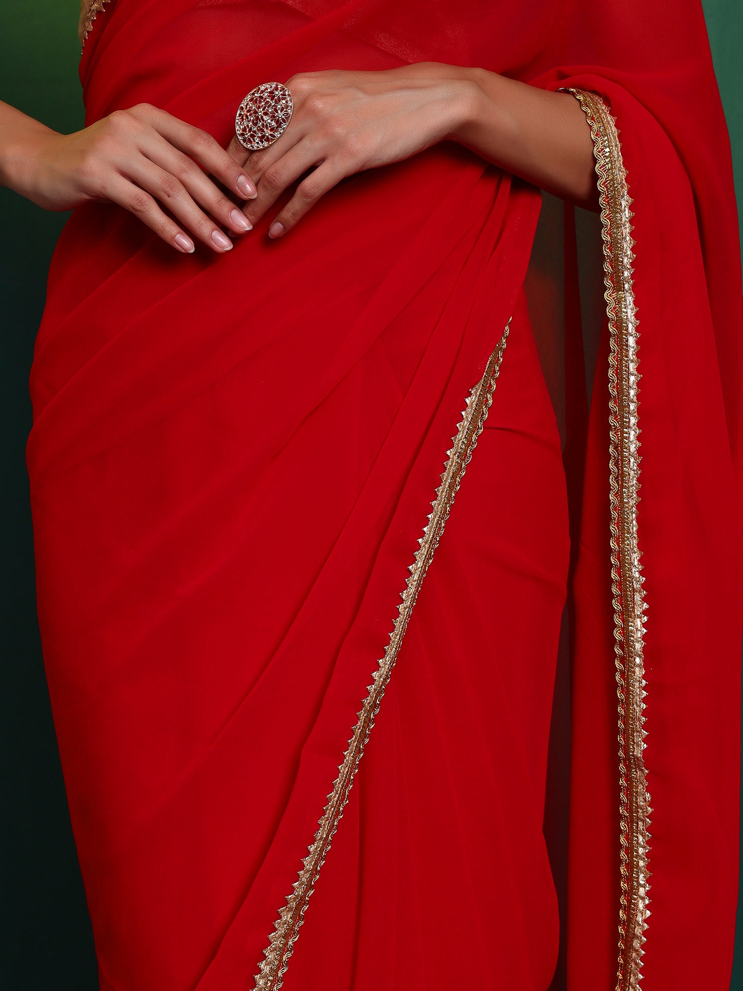 Red Georgette Embellished Classic Saree