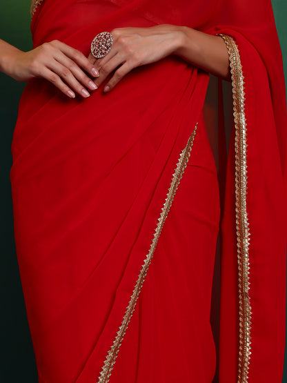 Red Georgette Embellished Classic Saree
