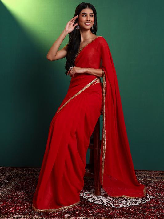 Red Georgette Embellished Classic Saree