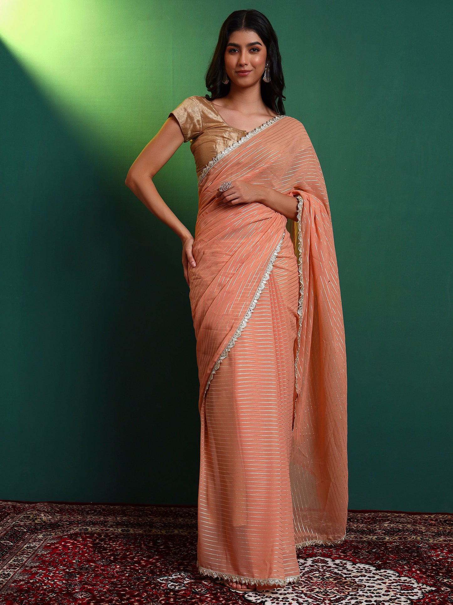 Peach Lurex Embellished Saree