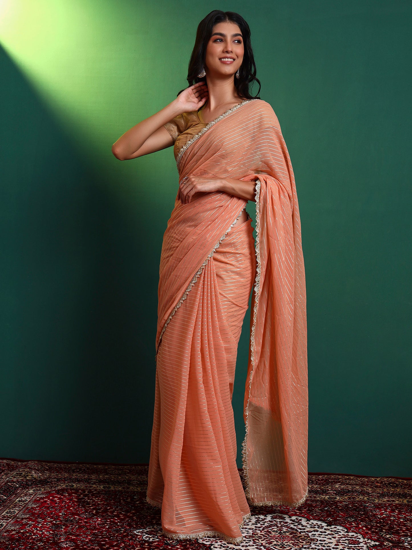 Peach Lurex Embellished Saree