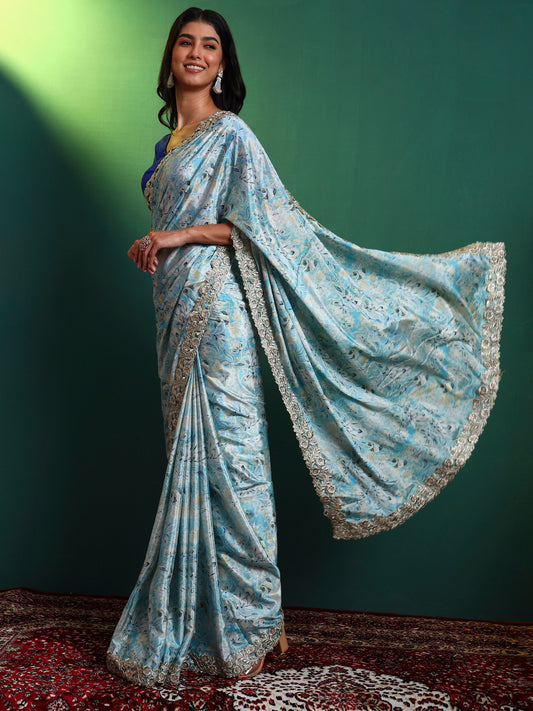 Blue Chintz Printed Chinon Saree