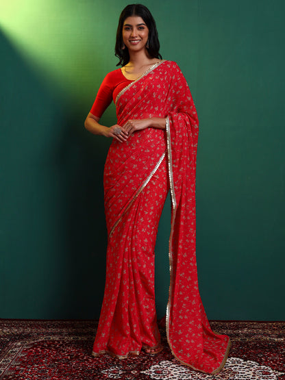 Red Floral Printed Chiffon Saree