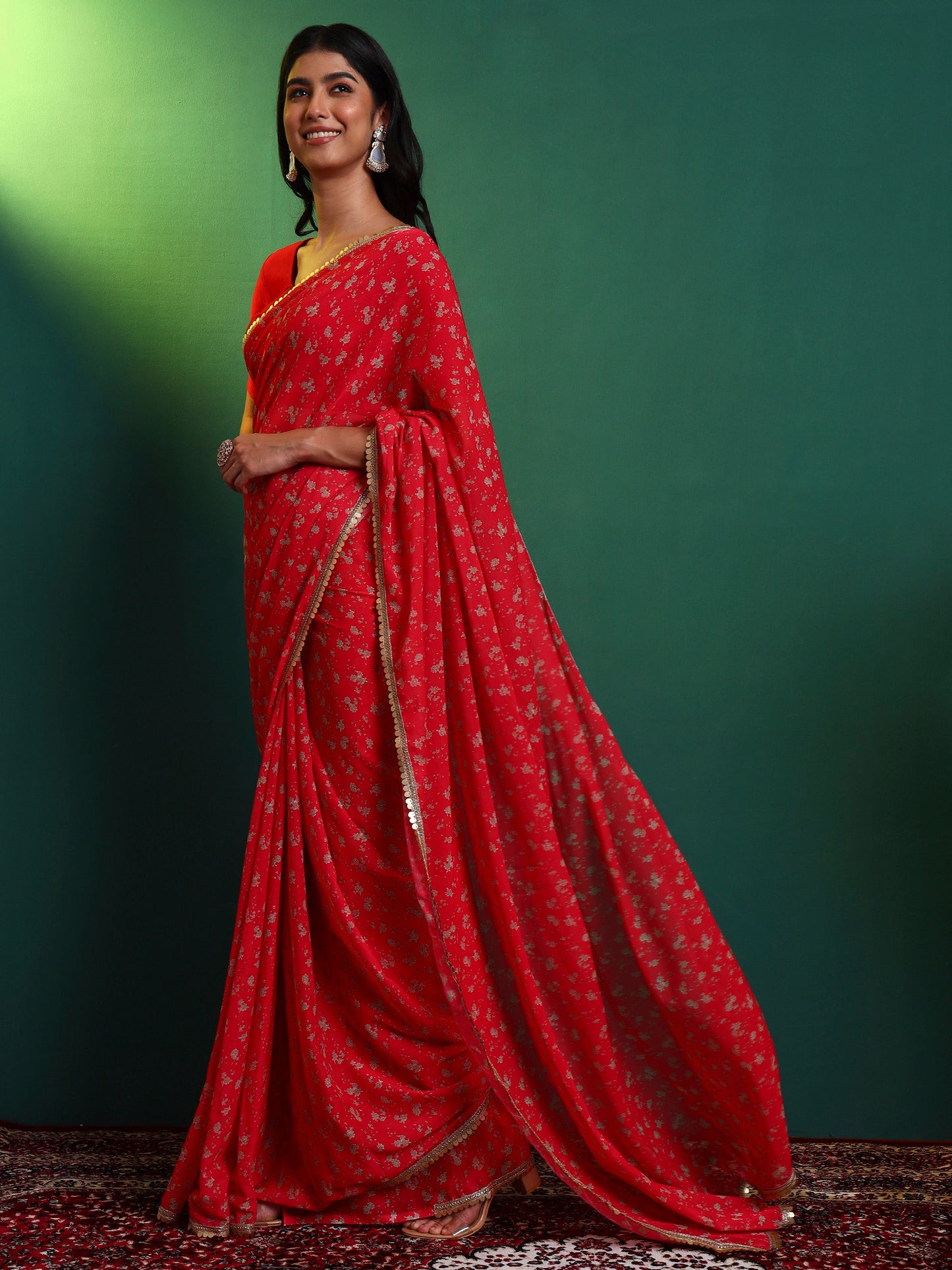 Red Floral Printed Chiffon Saree