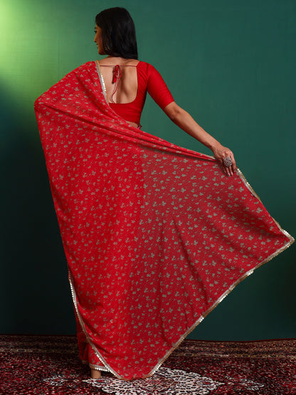 Red Floral Printed Chiffon Saree