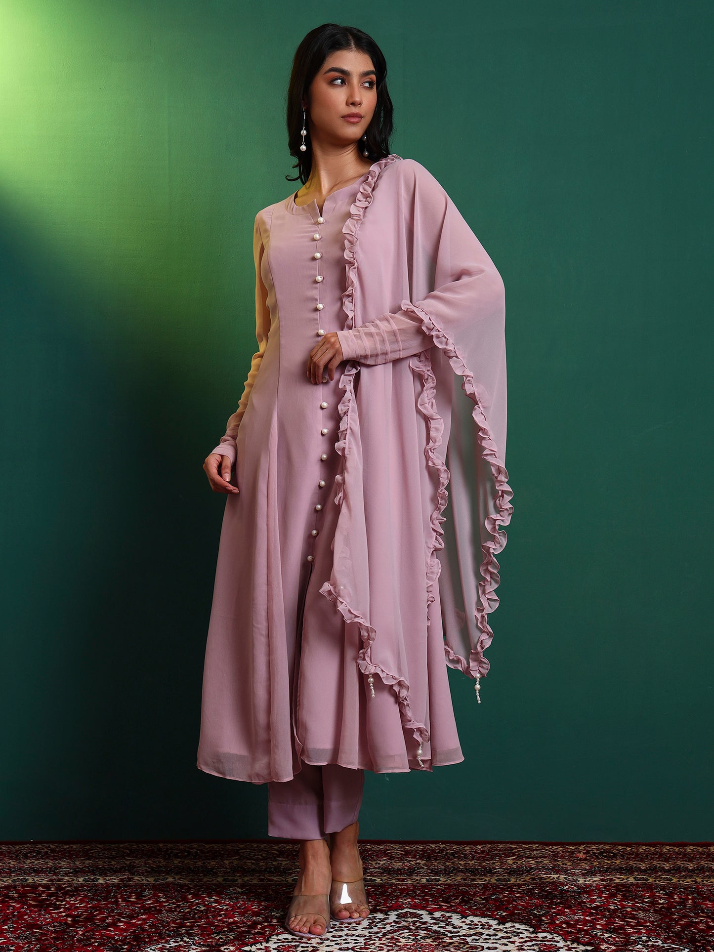 Lavender Anarkali Kurta set with Ruffle Dupatta