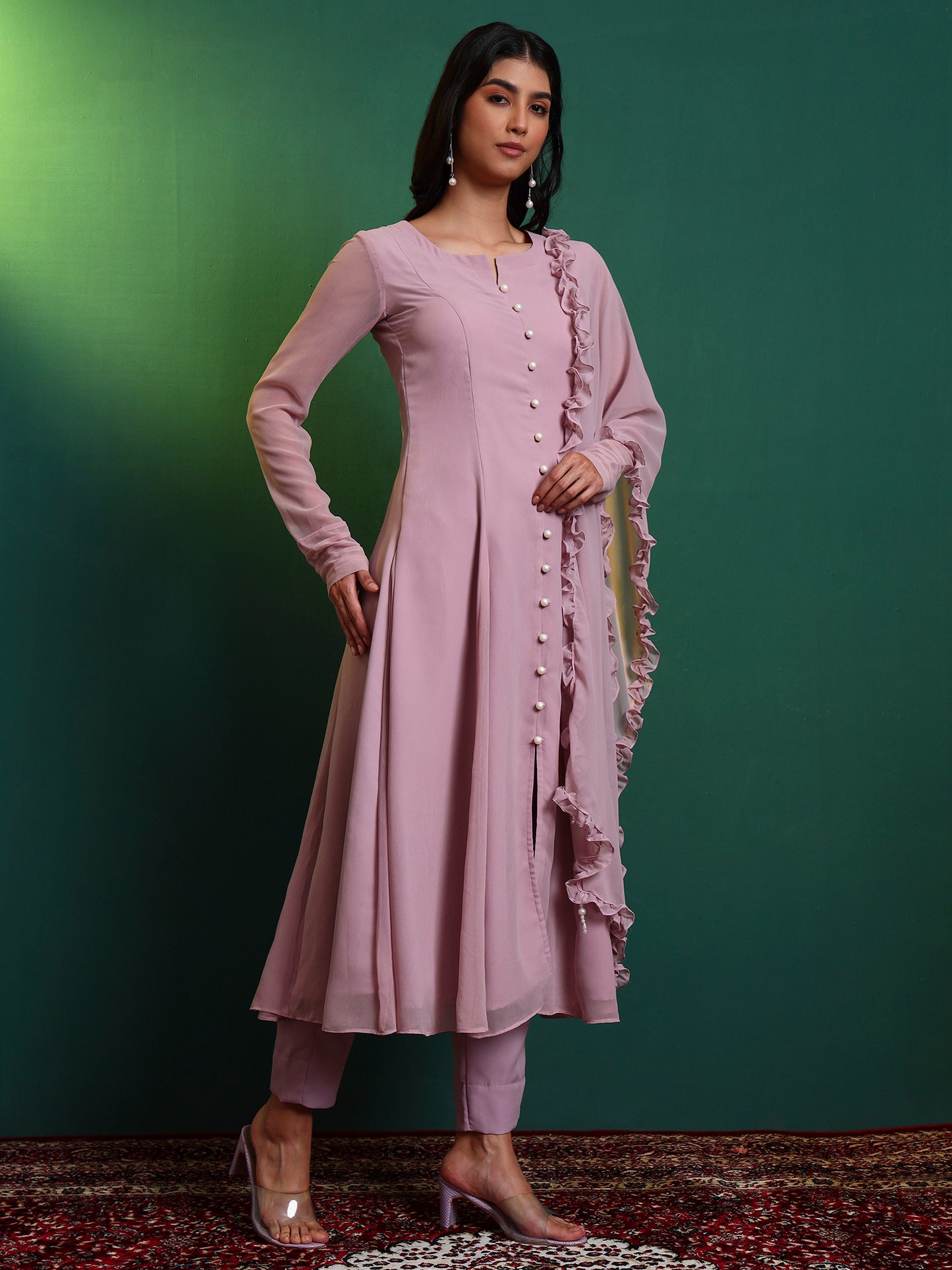 Lavender Anarkali Kurta set with Ruffle Dupatta