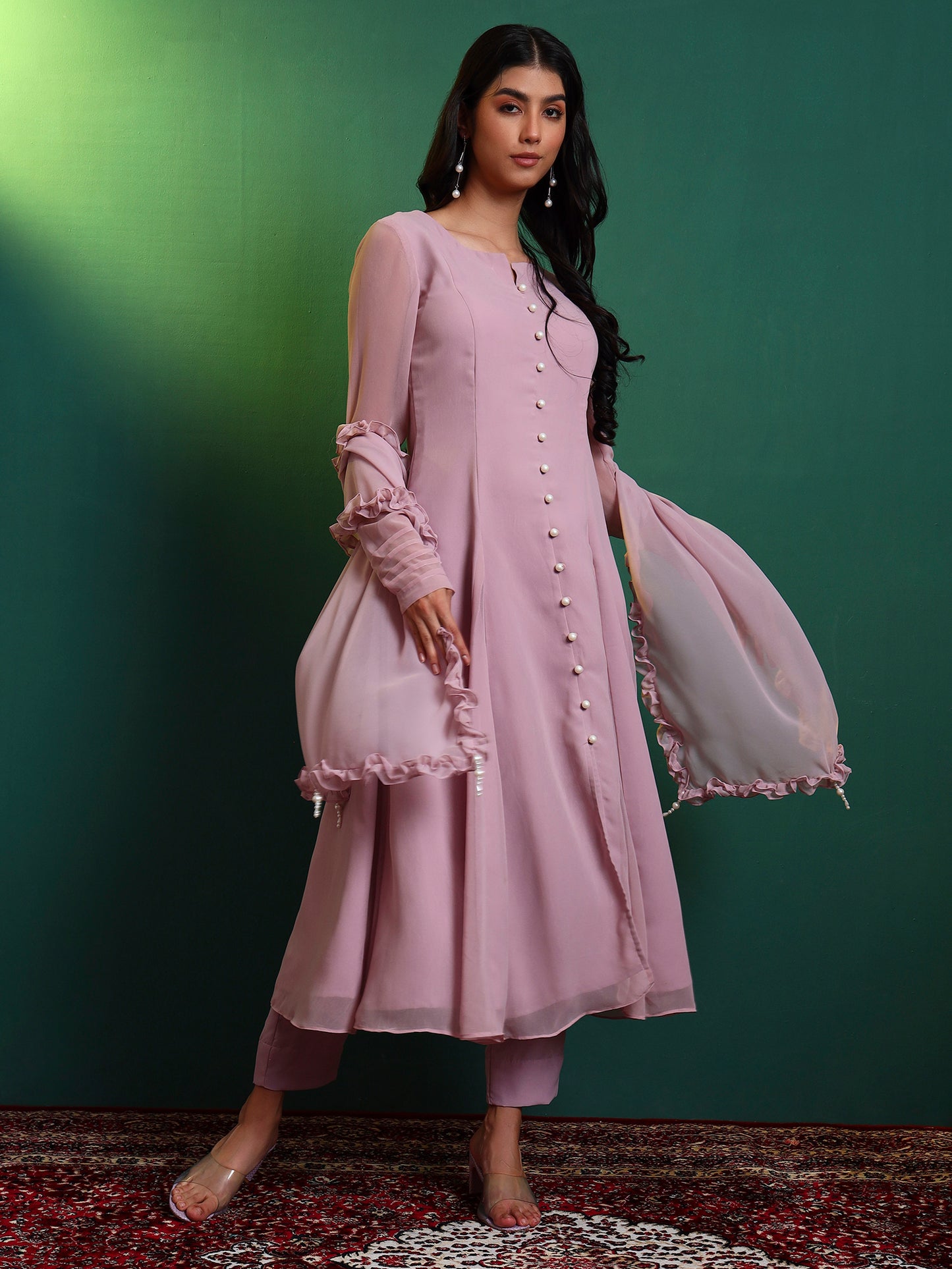 Lavender Anarkali Kurta set with Ruffle Dupatta