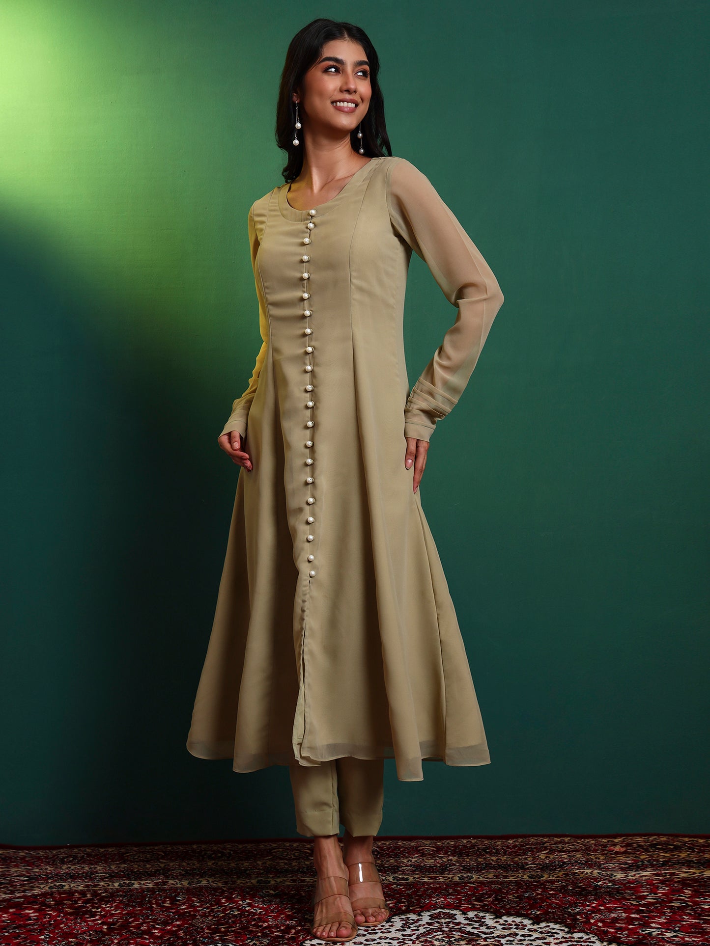 Tea Green Anarkali Kurta set with Ruffle Dupatta